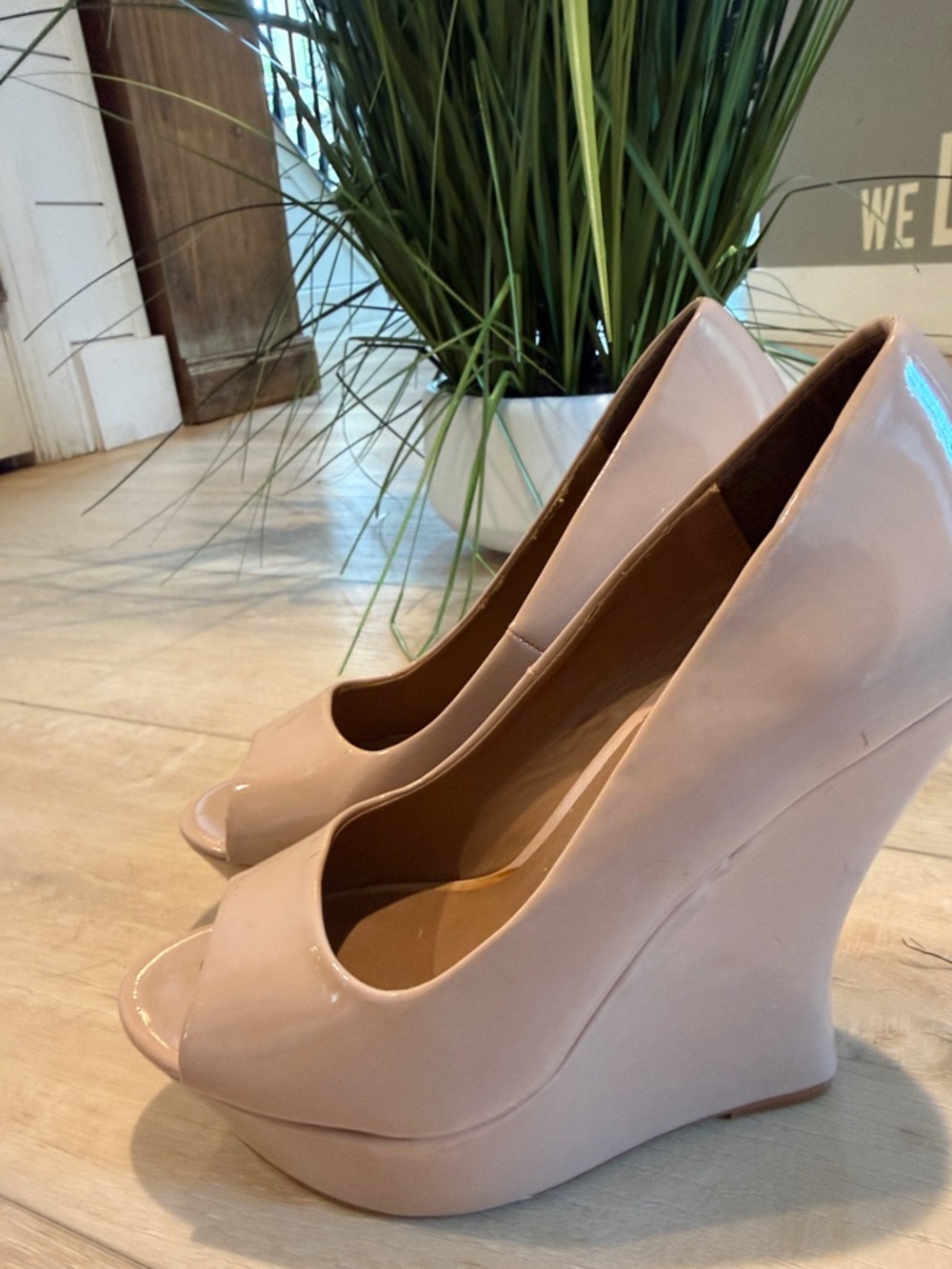 Ladies Blush Patent Peep-Toe Wedge Heels